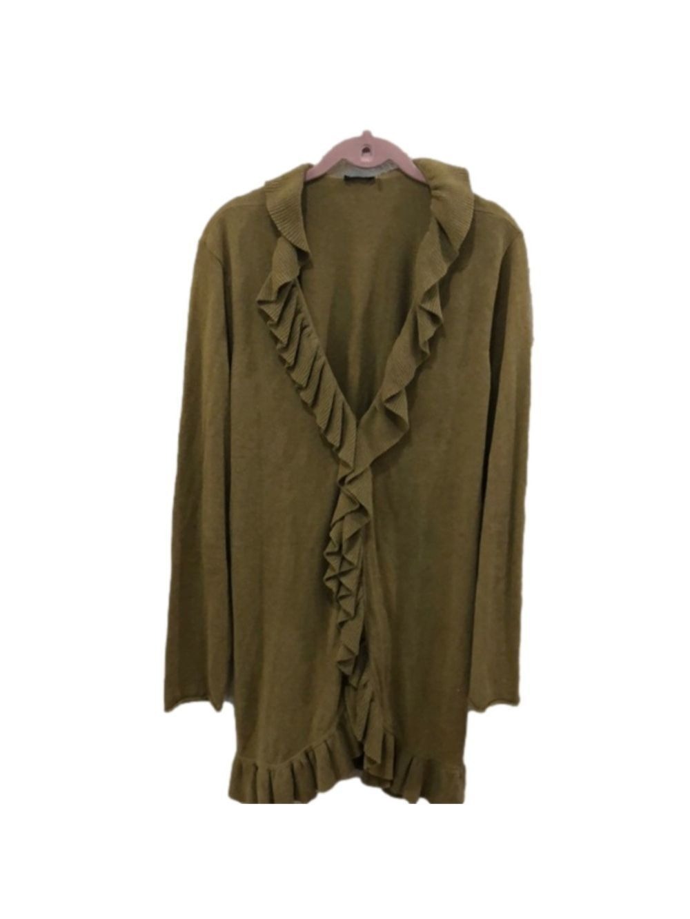 Magaschoni Size L cotton and cashmere blend olive green cardigan. . Ruffles